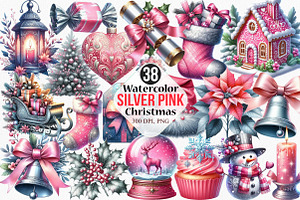 Silver Pink Christmas Clipart, an Illustration by Canvas Craft