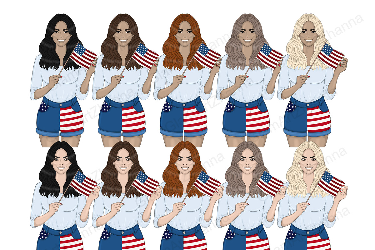 4th of July Dark Girls Clipart, a Decorative Illustration by GlamArtZhanna (Photo 2 of 5)