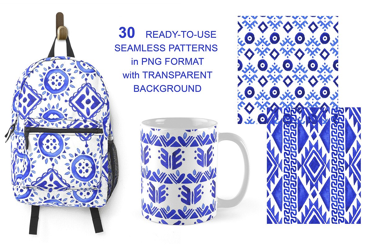 Watercolor Blue Ethnic Patterns Set, a Pattern Graphic by Simple Design (Photo 2 of 3)