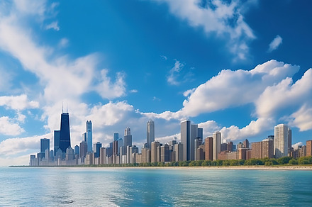 Chicago skyline panorama with skyscrapers over lake Michigan, US, an Architecture Photo by AS photostudio