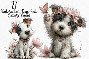 Watercolor Dog And Butterfly Clipart, a Seasonal Illustration by Canvas Craft