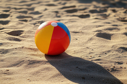 Colorful beach ball on sandy shore u, a Photo by Iftikhar Alam