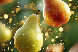 Floating apples and pears surrounded by sparkling particles in a vibrant settin, a Food & Drink Photo by AlyaAnd