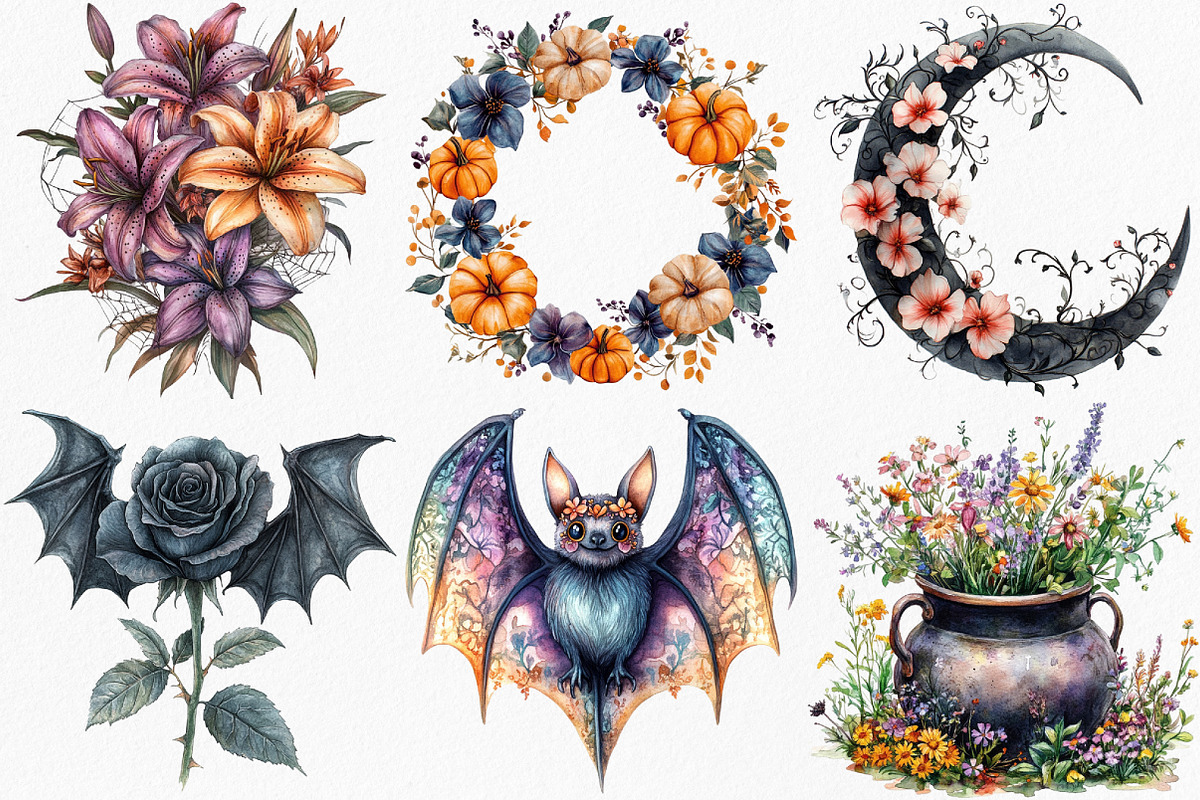 Watercolor Floral Halloween Clipart, an Illustration by Canvas Craft (Photo 3 of 7)