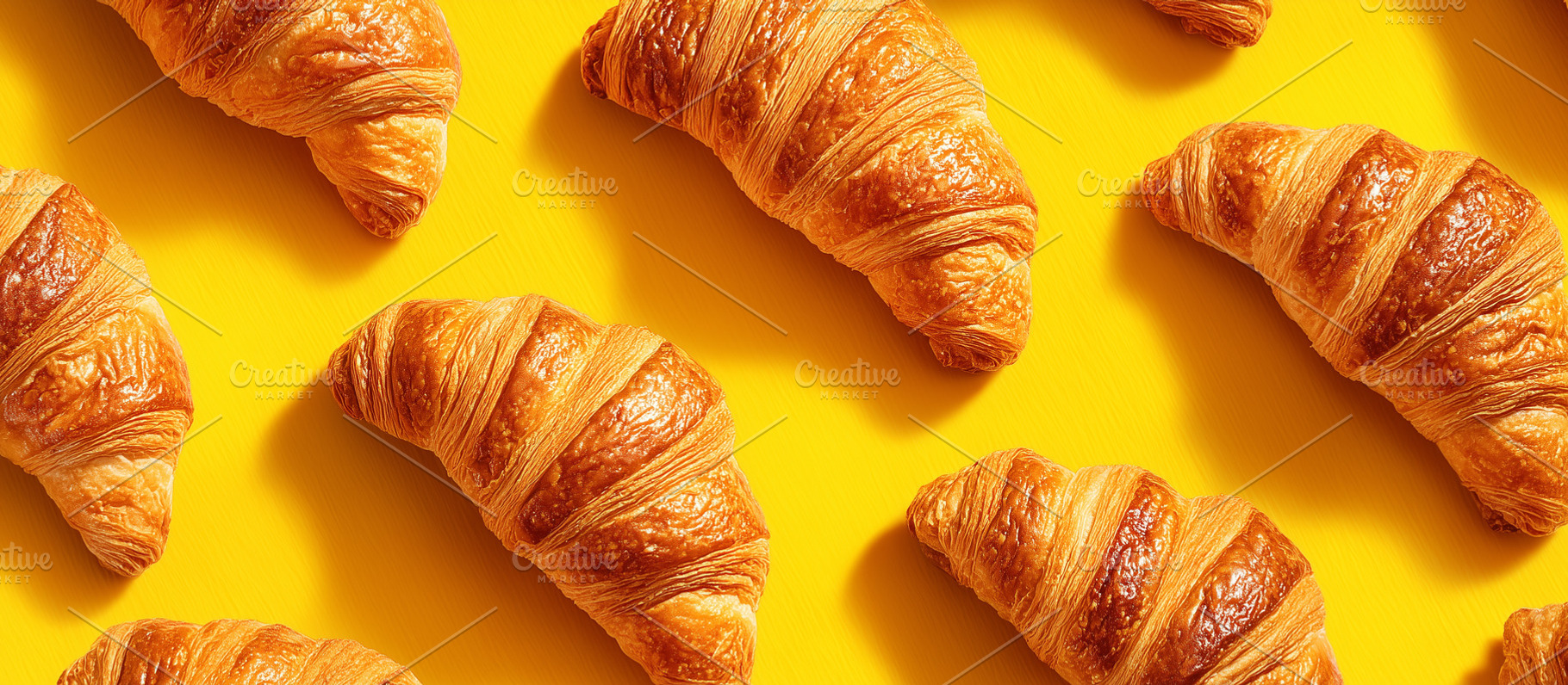 Golden, flaky croissants on a yellow, a Food & Drink Photo by MistyDay