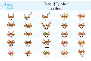 Reindeer Faces Clip Art Set 1