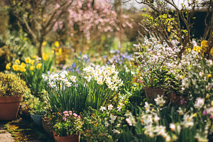 Spring garden blooming with colorful flowers, narcissus, daffodi, a Photo by Studio ANNA