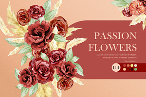 Boho floral watercolor red flowers