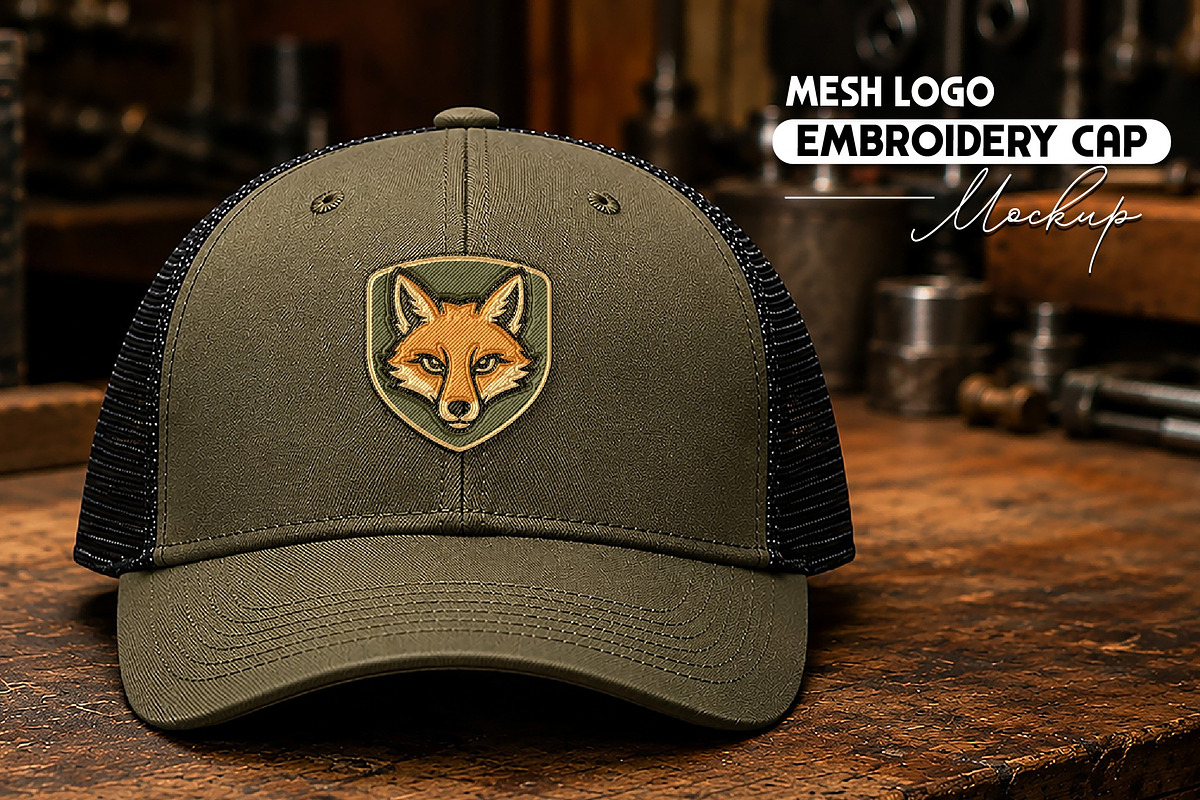 Mesh Logo Embroidery Cap Mockup, a Hat Mockup by studiogstock (Photo 1 of 2)