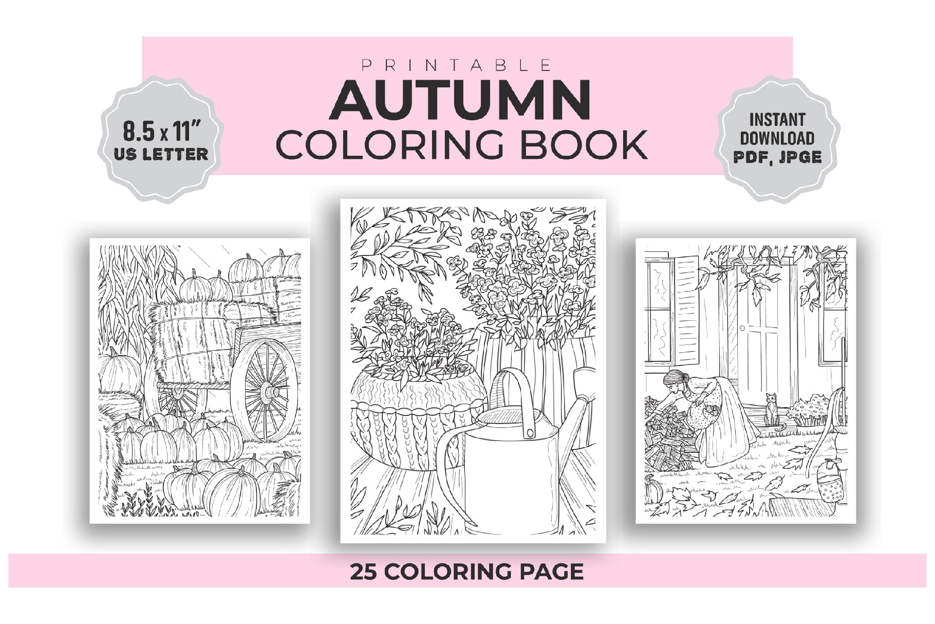 autumn scene Coloring page Seasonal Illustrations Creative Market