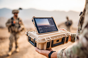 Rugged tablet displaying military video feed, a Technology Photo by AlyaAnd