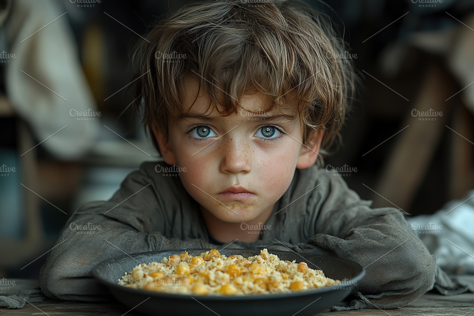 World hunger problem in poor countries, portrait of child with plate, a Food & Drink Photo by AlyaAnd