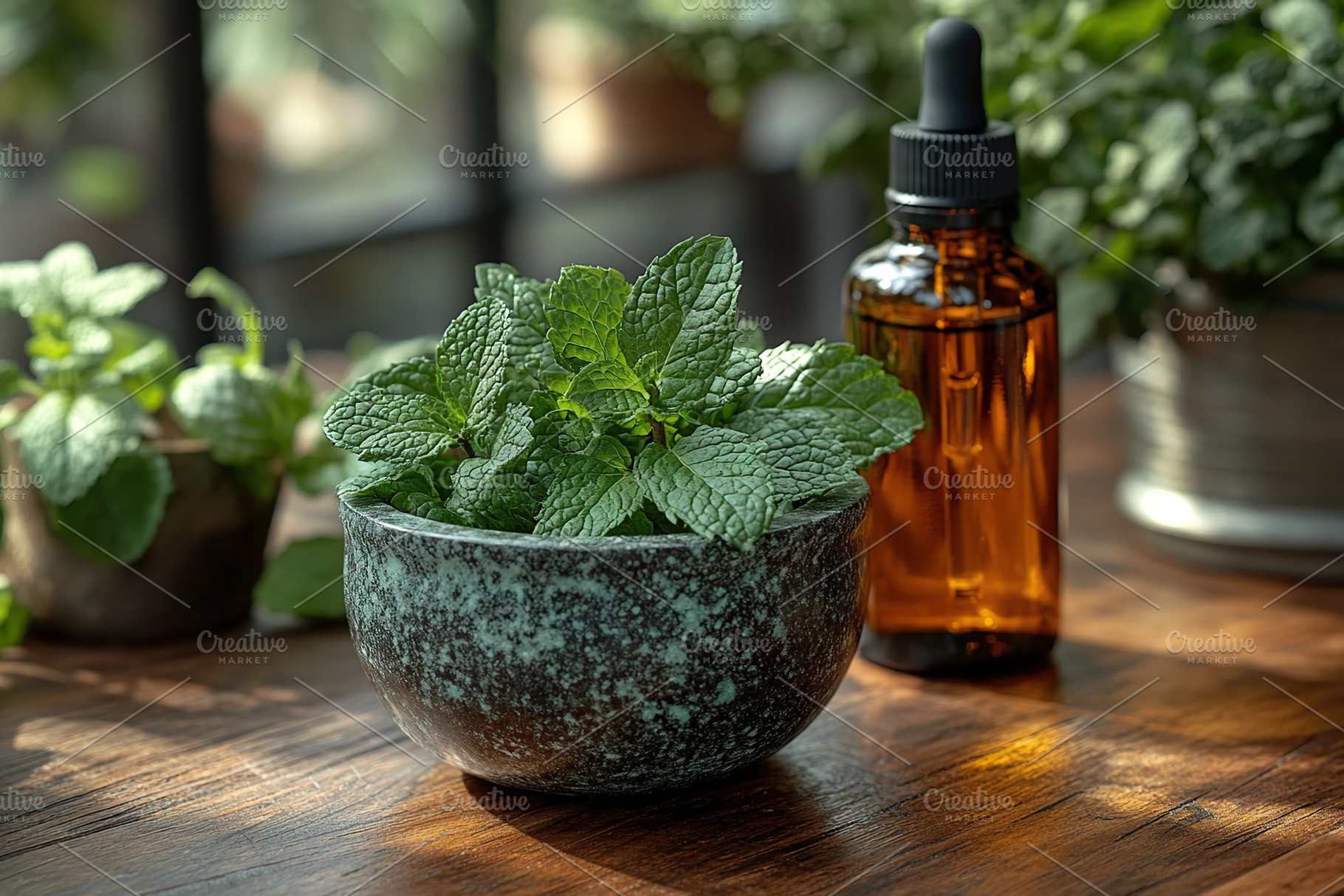 Small bottle of mint essential oil with mint leaves in mortar, a Health & Medical Photo by AlyaAnd