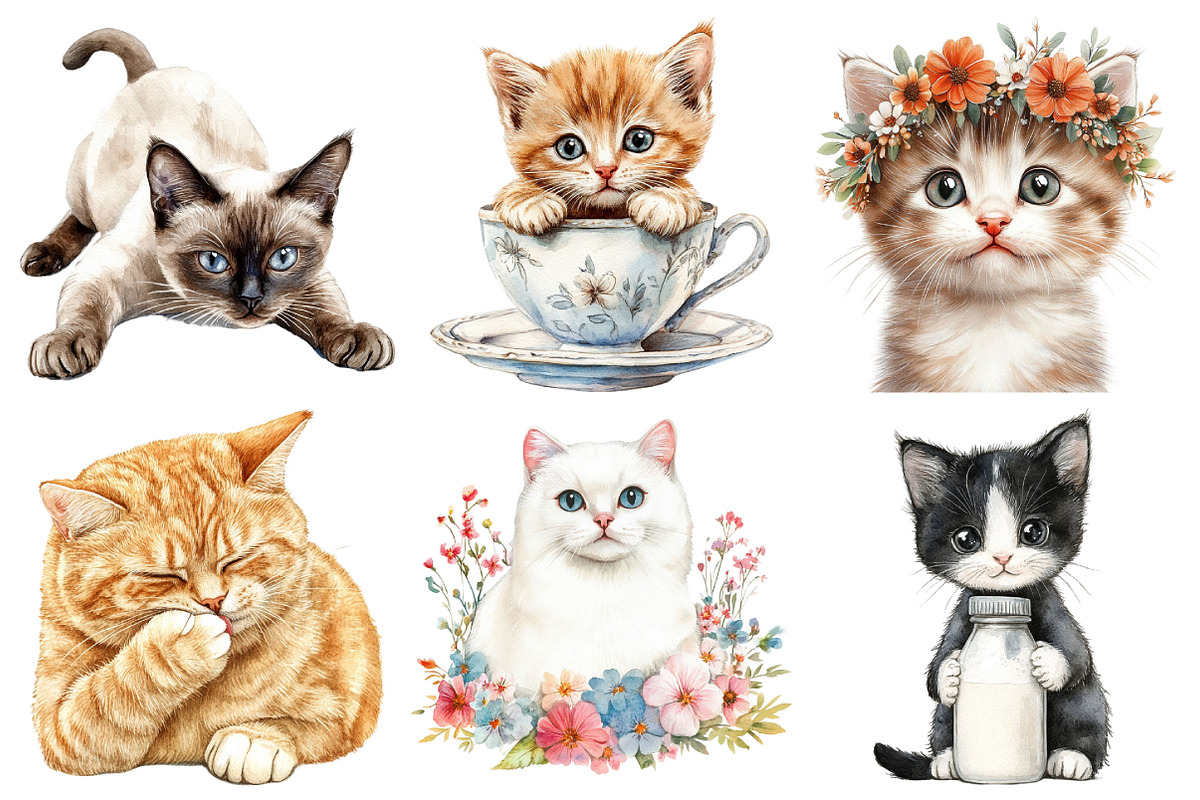 Watercolor Cat Clipart PNG, an Illustration by Pixels.Craft (Photo 2 of 7)
