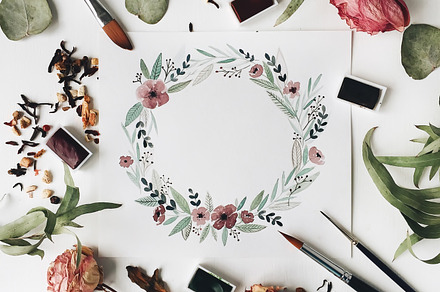 Workspace with watercolor painting stock photo containing paint and watercolor, an Arts & Entertainment Photo by Floral Deco