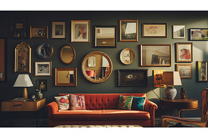 gallery pictures hanging on wall ai, an Architecture Photo by pikepicture