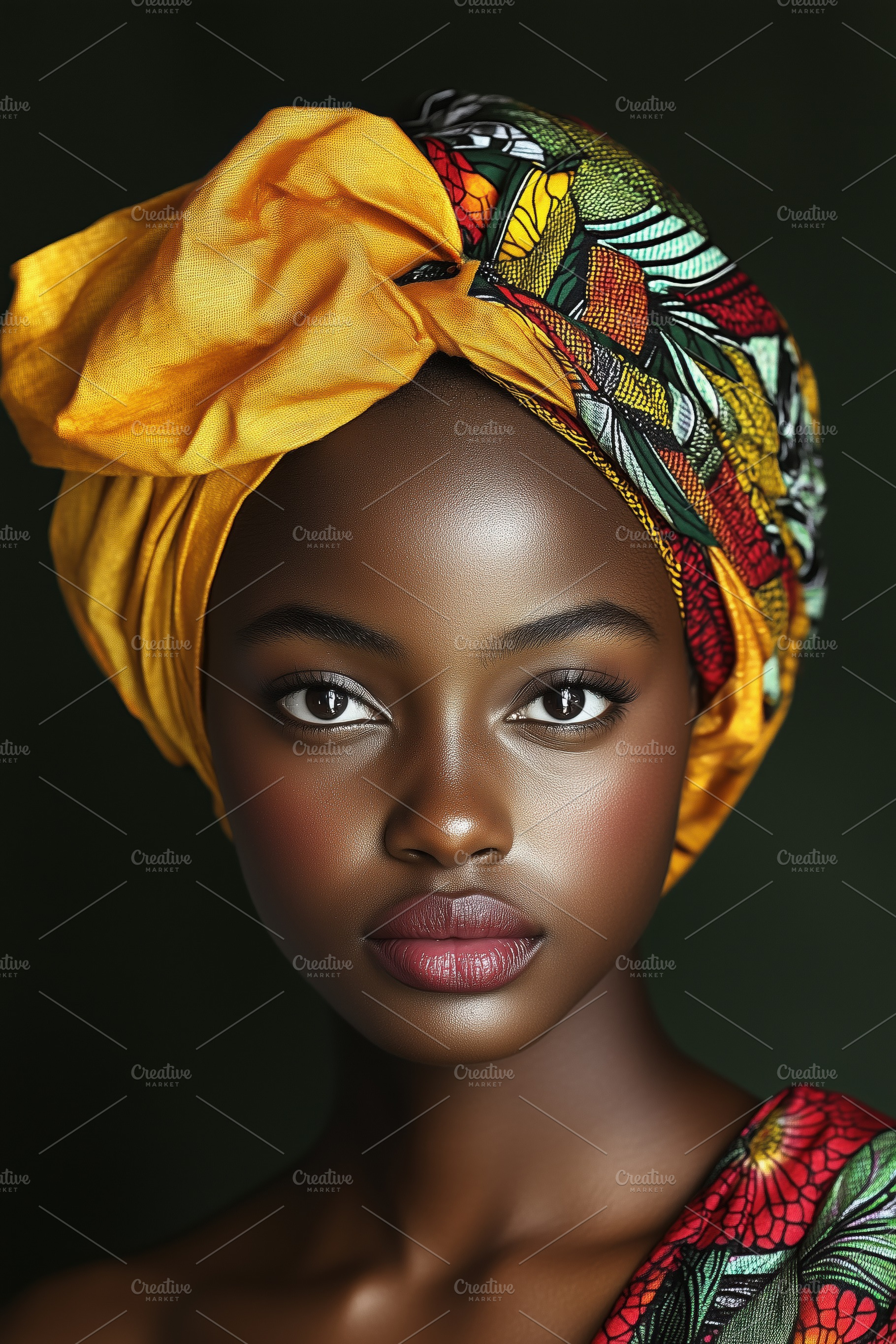 A portrait of a african woman with a vibrant yellow headwrap and colorful patte, a Person Photo by Textures & Backgrounds