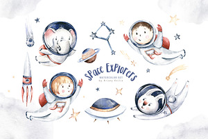 Watercolor Space Explorers. Kids Set