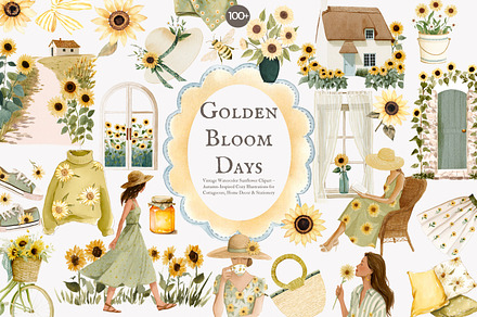 sunflower cottagecore clipart set, a Decorative Illustration by Patishop Art