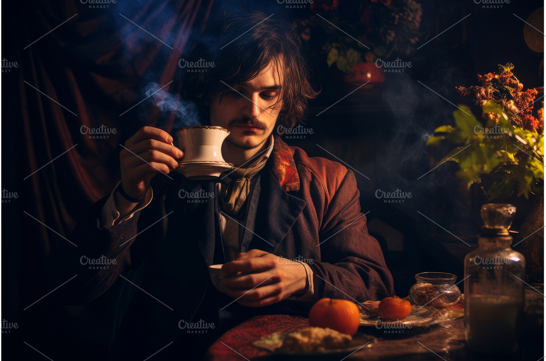Serene Man drinking hot tea in, a Food & Drink Photo by Ylivdesign