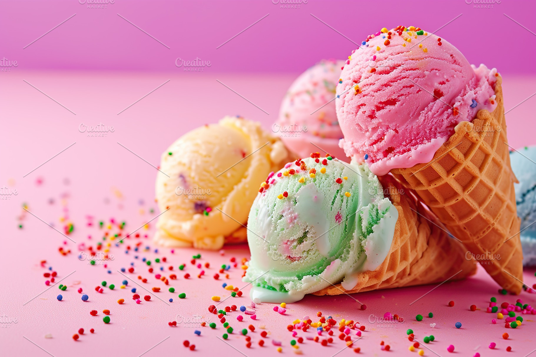 Colorful ice cream scoops with sprinkles in waffle cones on pink background, a Food & Drink Photo by AlyaAnd