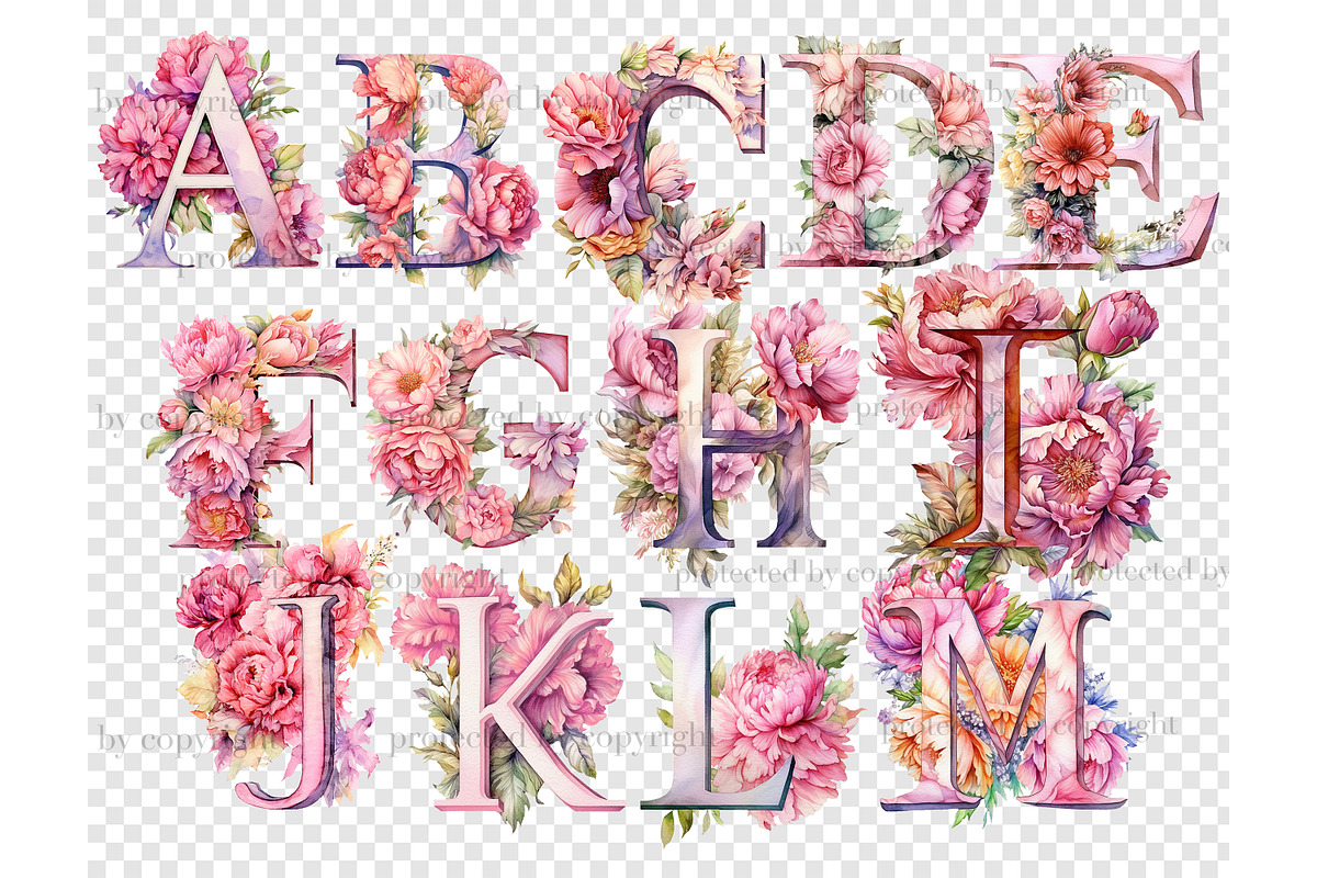 Pink Peonies Alphabet Letters, a Decorative Illustration by GlamArtZhanna (Photo 4 of 5)