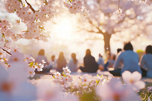 Spring Cherry blossom festival with people enjoying picnic under, a Photo by Dvoevnore photos