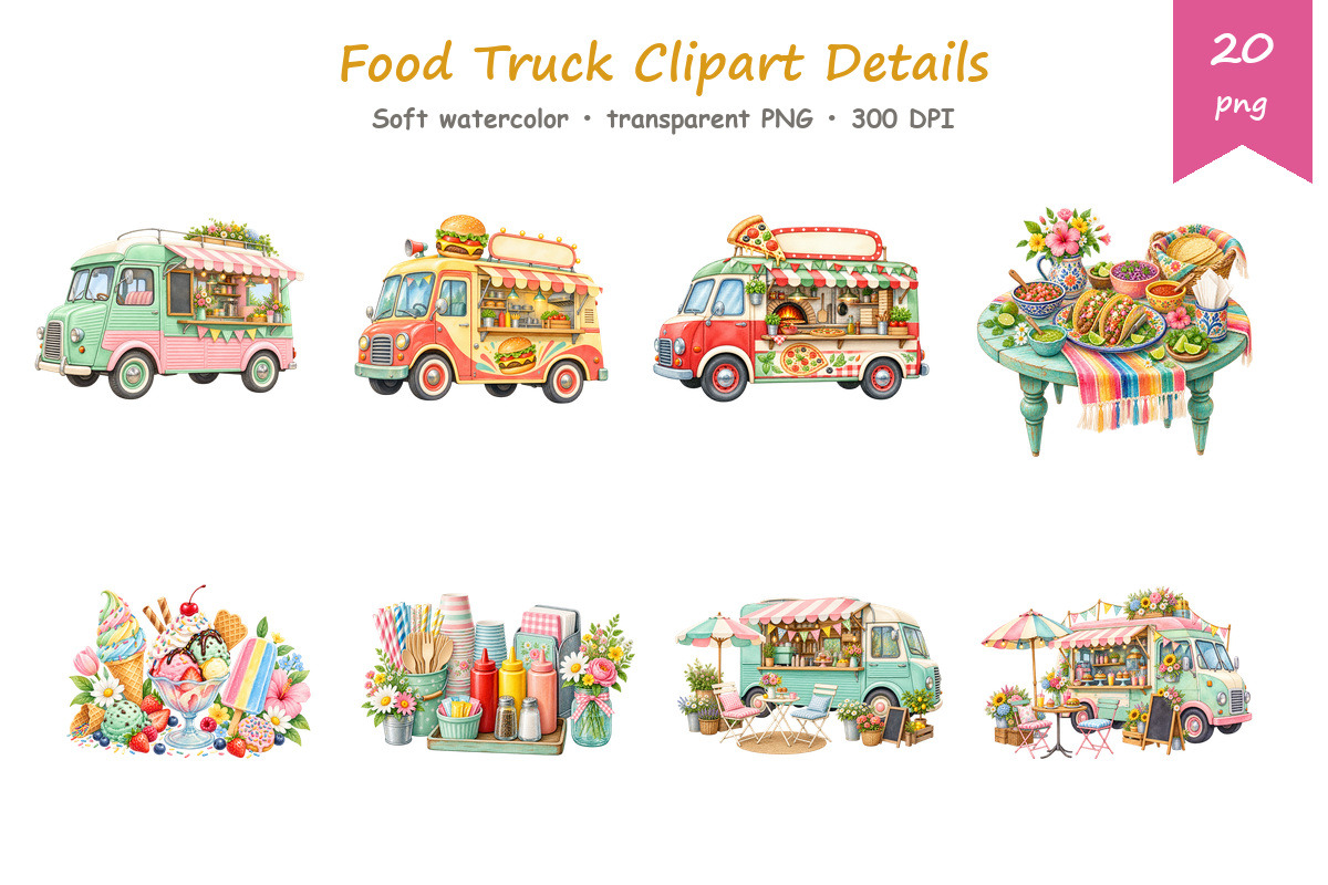 Watercolor Food Truck Clipart, a Food Illustration by BerryPieArt (Photo 3 of 4)