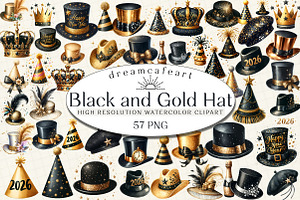 Black and Gold New Year Hat Clipart, an Illustration by DreamCafeArt