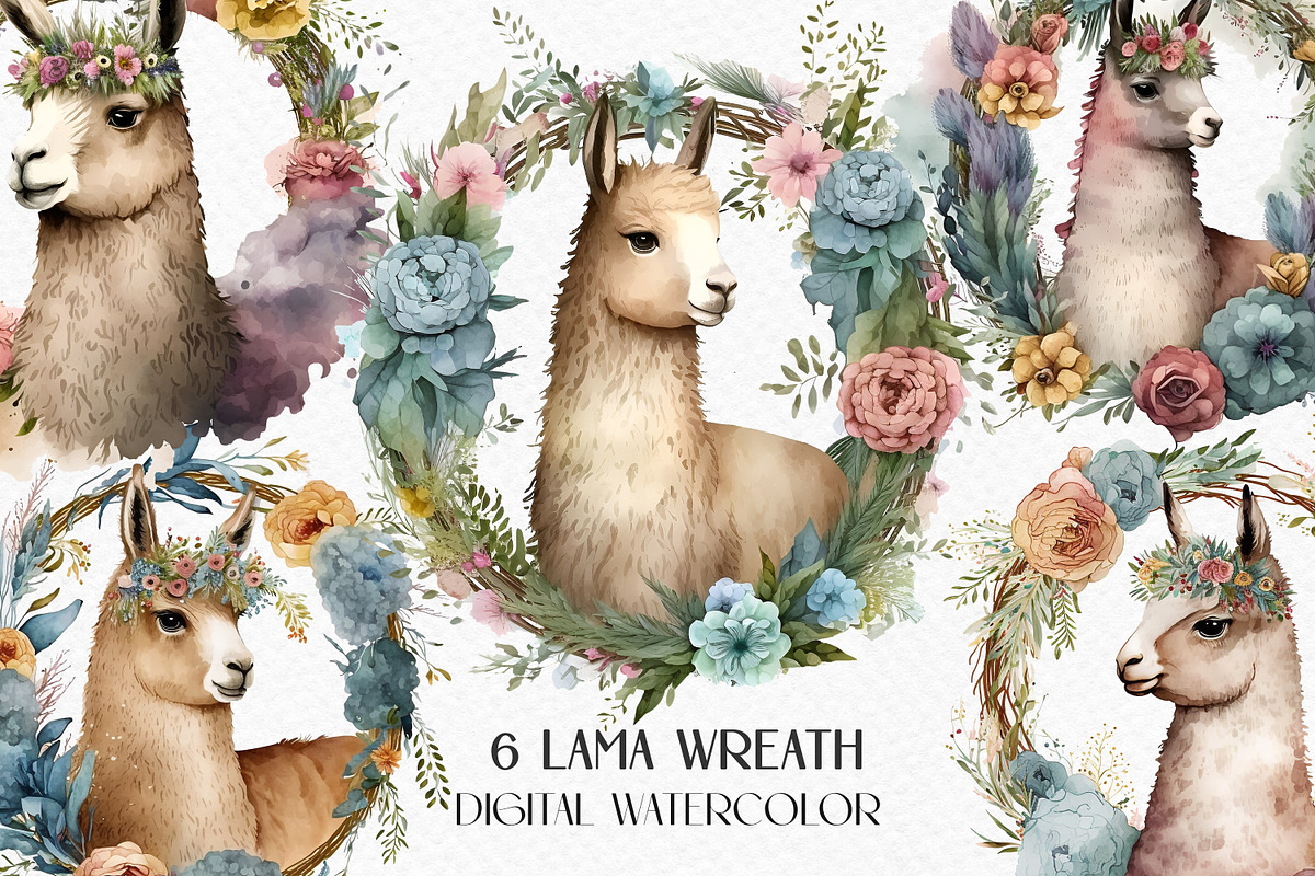 Watercolor wreath with alpaca flower, an Animal Illustration by Julia Bogdan (Photo 1 of 4)