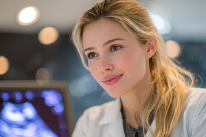 Young female doctor reviewing ultras, a Photo by Pixeness Studio