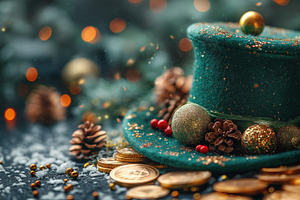 Festive green top hat adorned with decorations, surrounded by golden coins and, a Business Photo by ImageMir