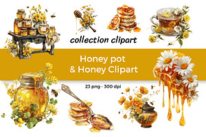 Honey pot & Honey Clipart, a Food Illustration by InkyQueenArt