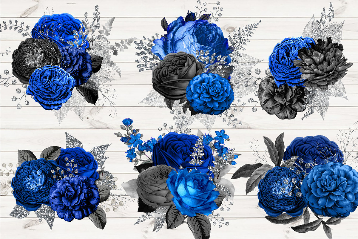 Royal Black & Silver Floral Clipart, an Illustration by Digital Curio ...