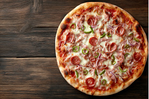 Pizza topped with ham, cheese, red, a Food & Drink Photo by ZinetroN