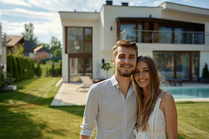 Portrait of happy young couple near new modern house, a Person Photo by AlyaAnd