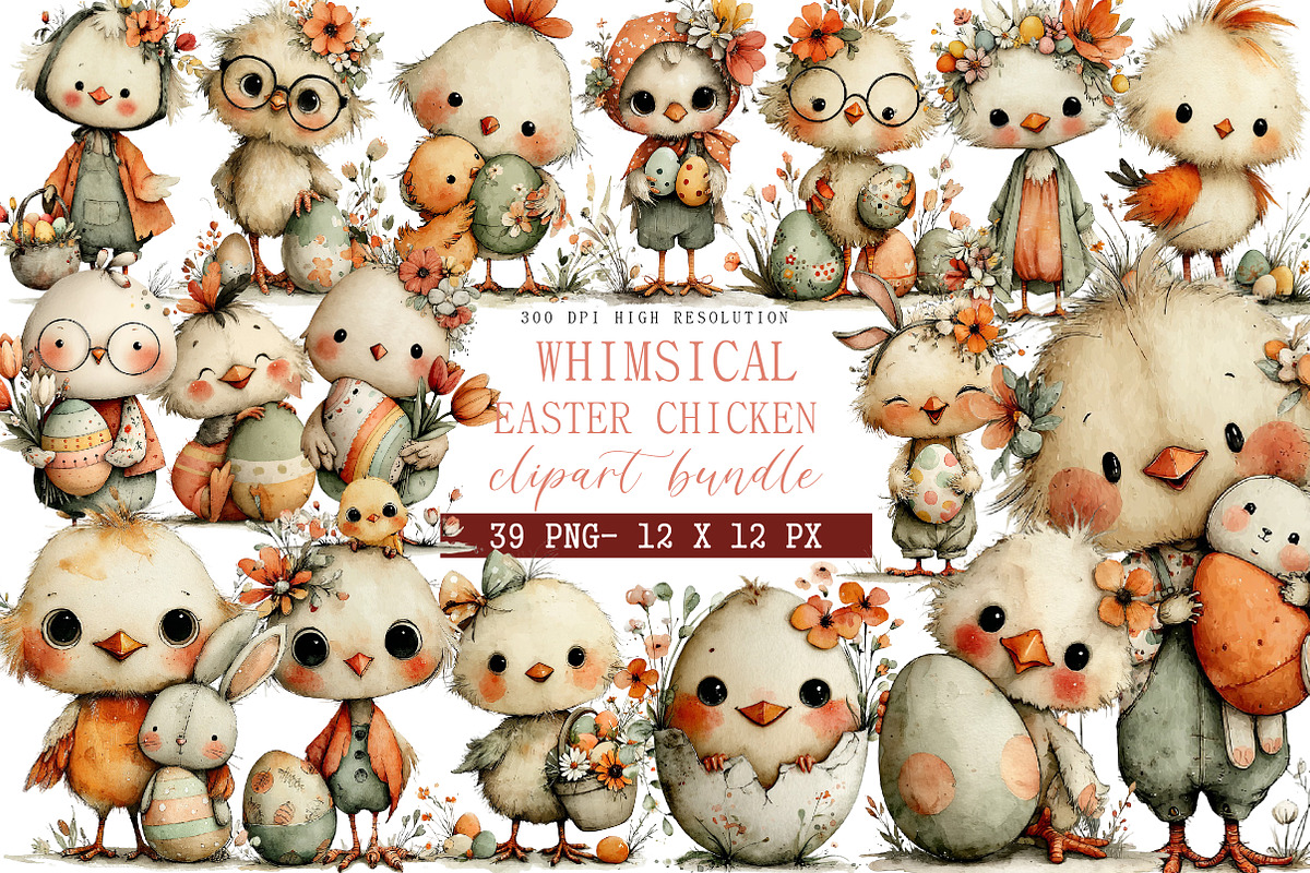 Whimsical Easter Chicken Clipart, an Illustration by DreamArtGraphic (Photo 1 of 4)