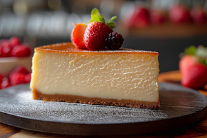 A delectable slice of creamy cheesecake topped with fresh strawb, a Food & Drink Photo by ImageMir