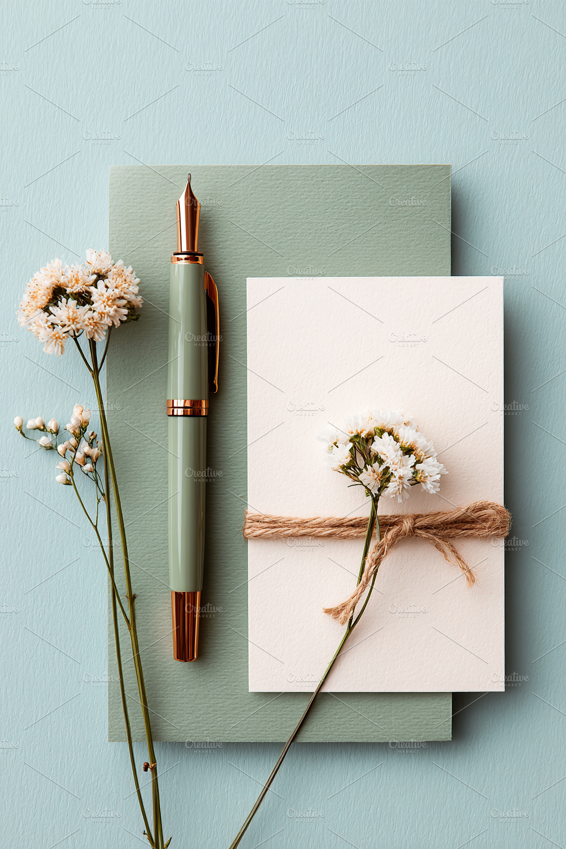 Flat lay of a simple ivory card tied with twine accompanied by a stylish pen an, a Photo by AlyaAnd