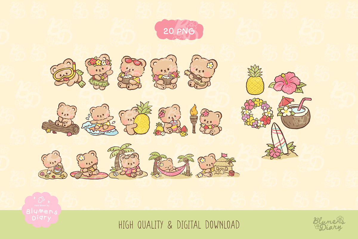 Aloha Hawaii Bear Clipart Collection, an Animal Illustration by Blumensdiary (Photo 2 of 6)
