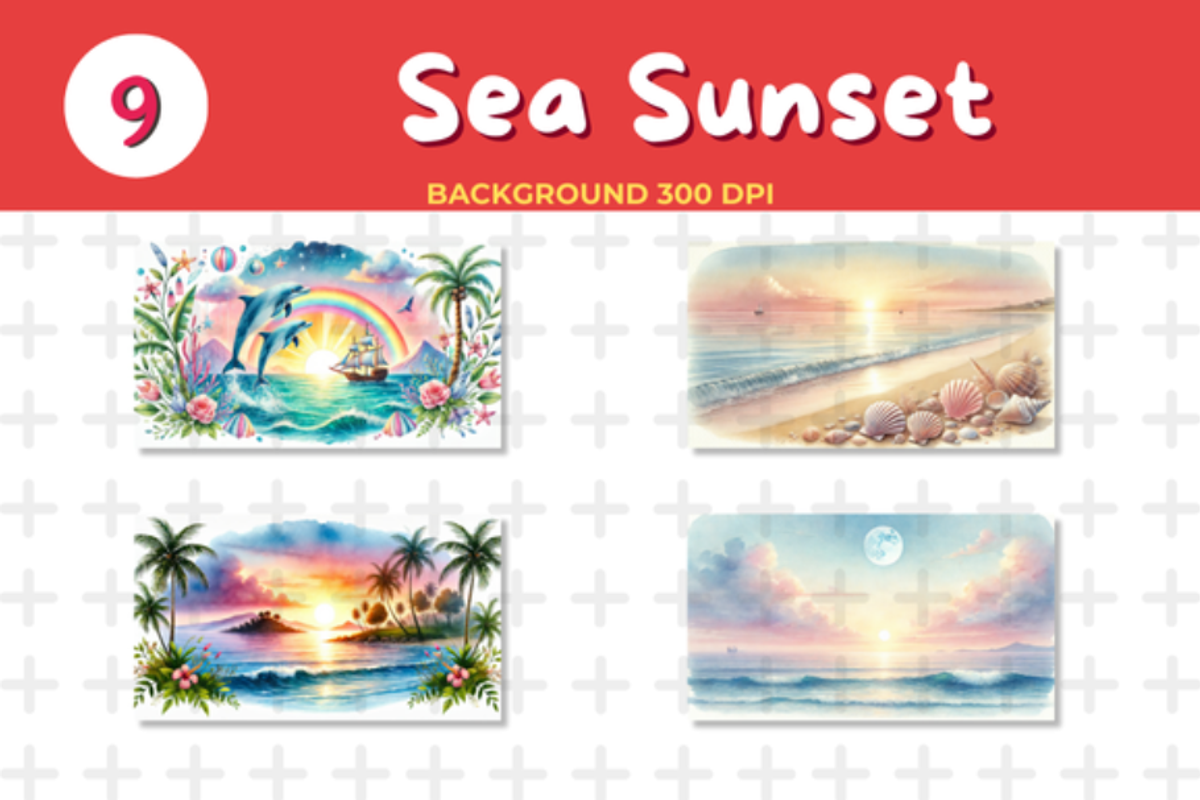 Watercolor Sea Sunset Background JPG, an Education Illustration by John_Walker (Photo 1 of 4)