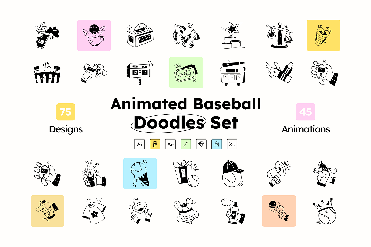 Animated Baseball Doodle Icons, a Solid Icon by Prosymbols (Photo 1 of 8)