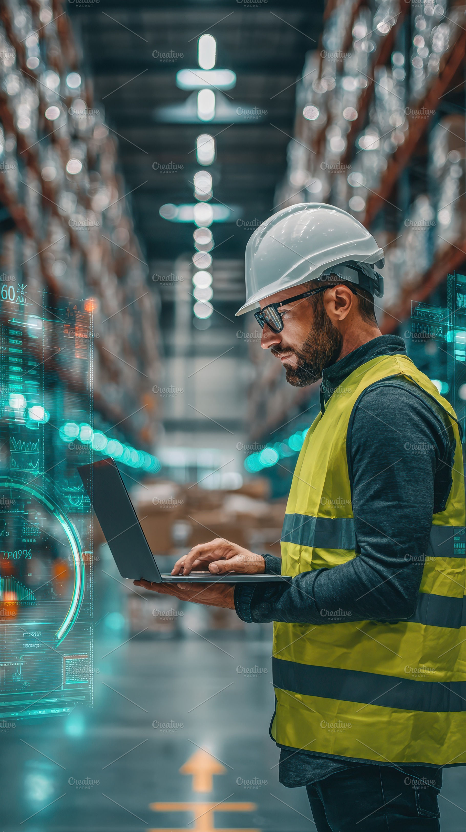 Warehouse Worker Using Laptop with D, a Photo by Pixeness Studio