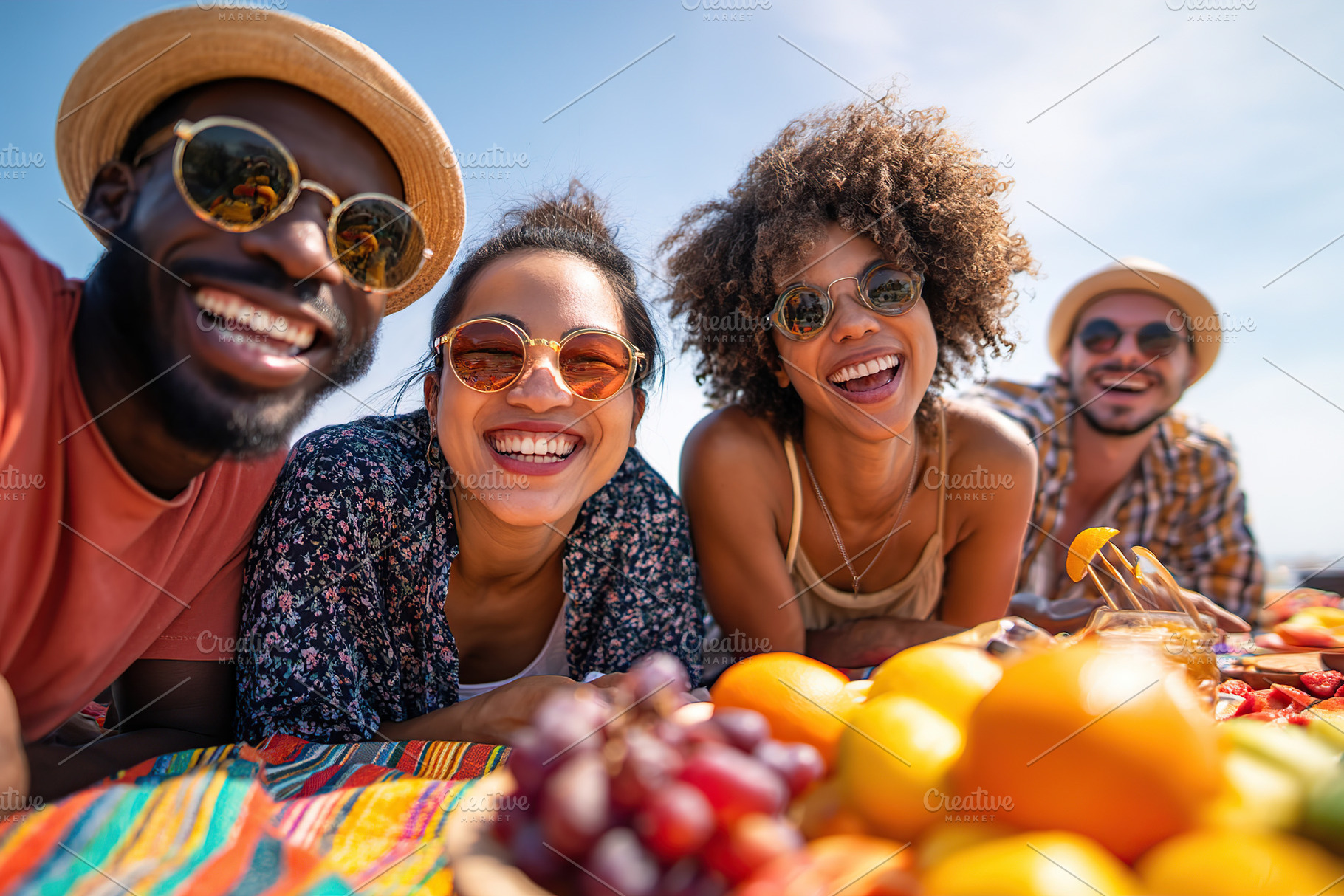 Friends enjoying a sunny picnic with fresh fruit on a vibrant blanket outdoors, a Photo by AlyaAnd