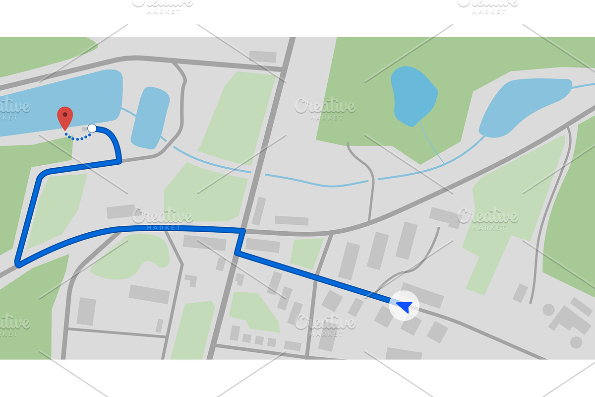 City map with arrow and route pin, a Transportation Illustration by SkyVectors