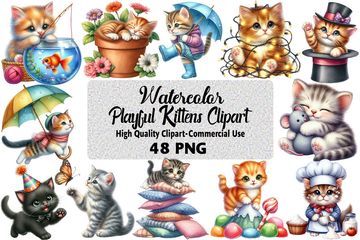 Watercolor Playful Kittens Clipart, an Illustration by Daily.Designs (Photo 1 of 5)