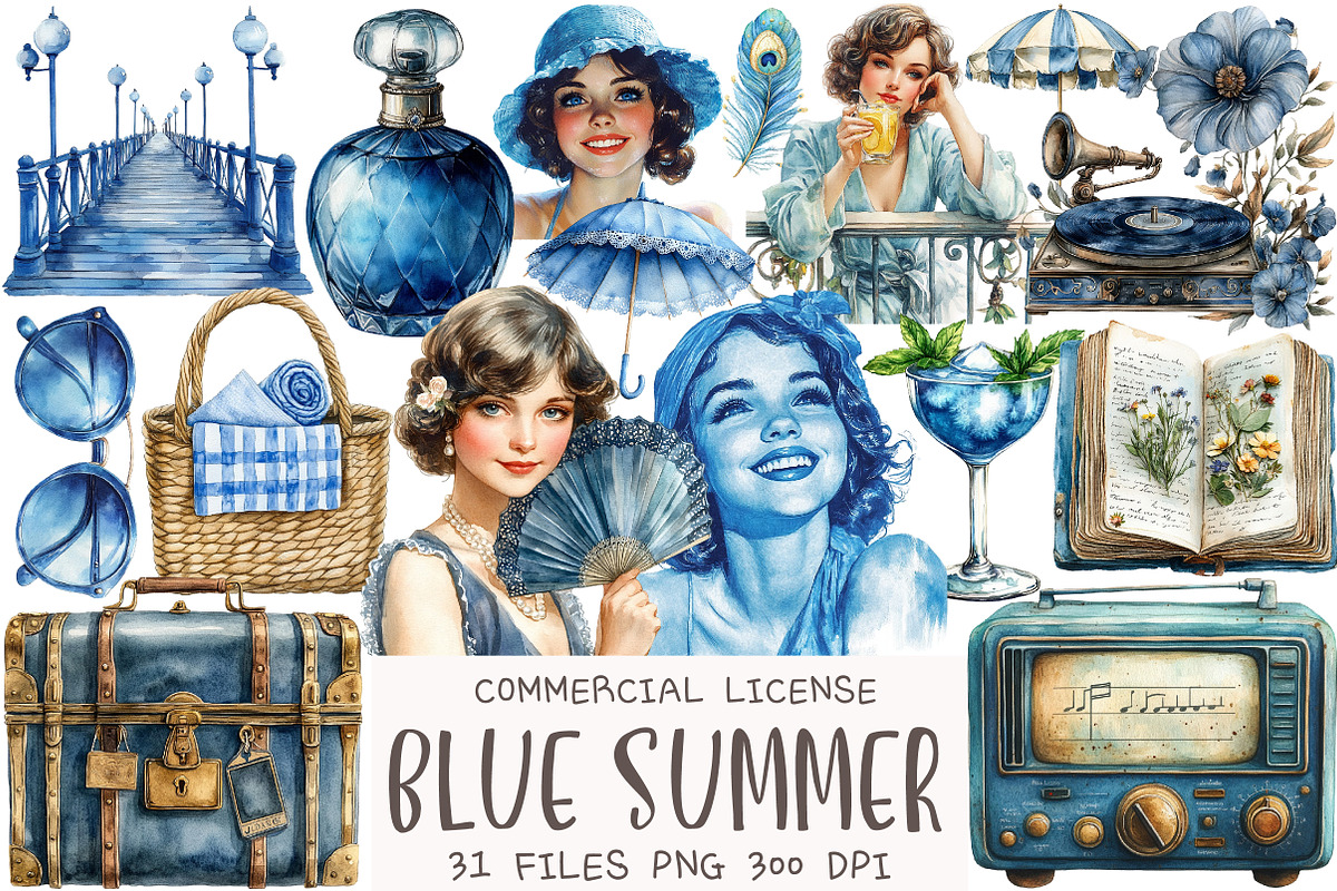 1920s Blue Summer Clipart, an Illustration by OK Design (Photo 1 of 5)