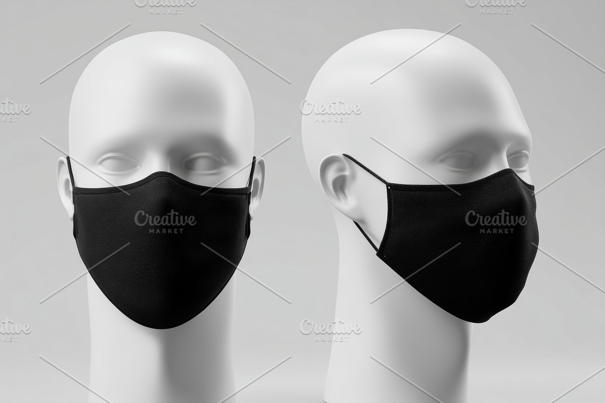 Two white mannequins wearing black face masks mockup, one in profile and one fa, a Hat Mockup by Textures & Backgrounds