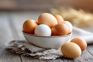 Variety of eggs in a bowl on a rustic wooden table with natural light, a Photo by AlyaAnd