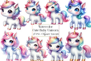 Watercolor Cute Baby Unicorn Clipart, an Illustration by CraftArtStudio